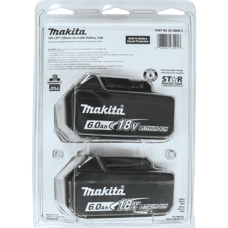 Makita BL1860B-2 18V LXT Lithium-Ion 6.0Ah Battery, 2/pk, Black